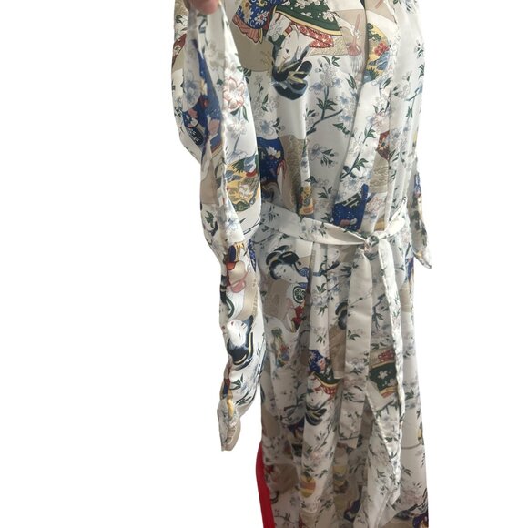 Jade Brand, White Floral Print/Geisha Design Long Polyester Kimono - Picture 7 of 11